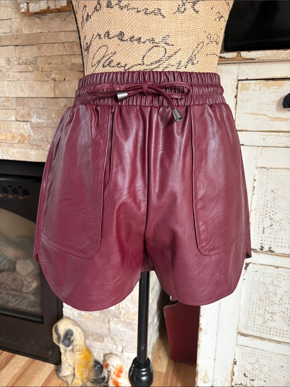 New In Women's Faux Leather Drawstring Shorts in Burgundy